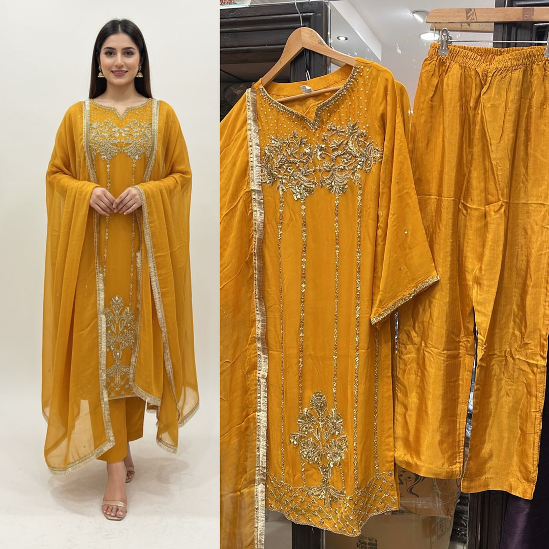 323C - MUSTARD CHIFFON EMBROIDERED ADDA WORK SUIT
