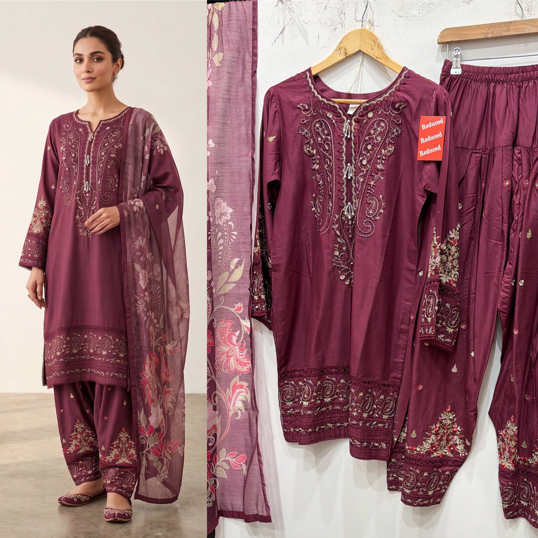 1130E - Plum Viscose Shirt with Farshi Shalwar & Chiffon