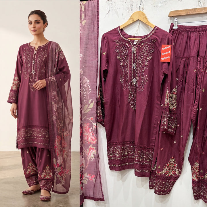 1130E - Plum Viscose Shirt with Farshi Shalwar & Chiffon