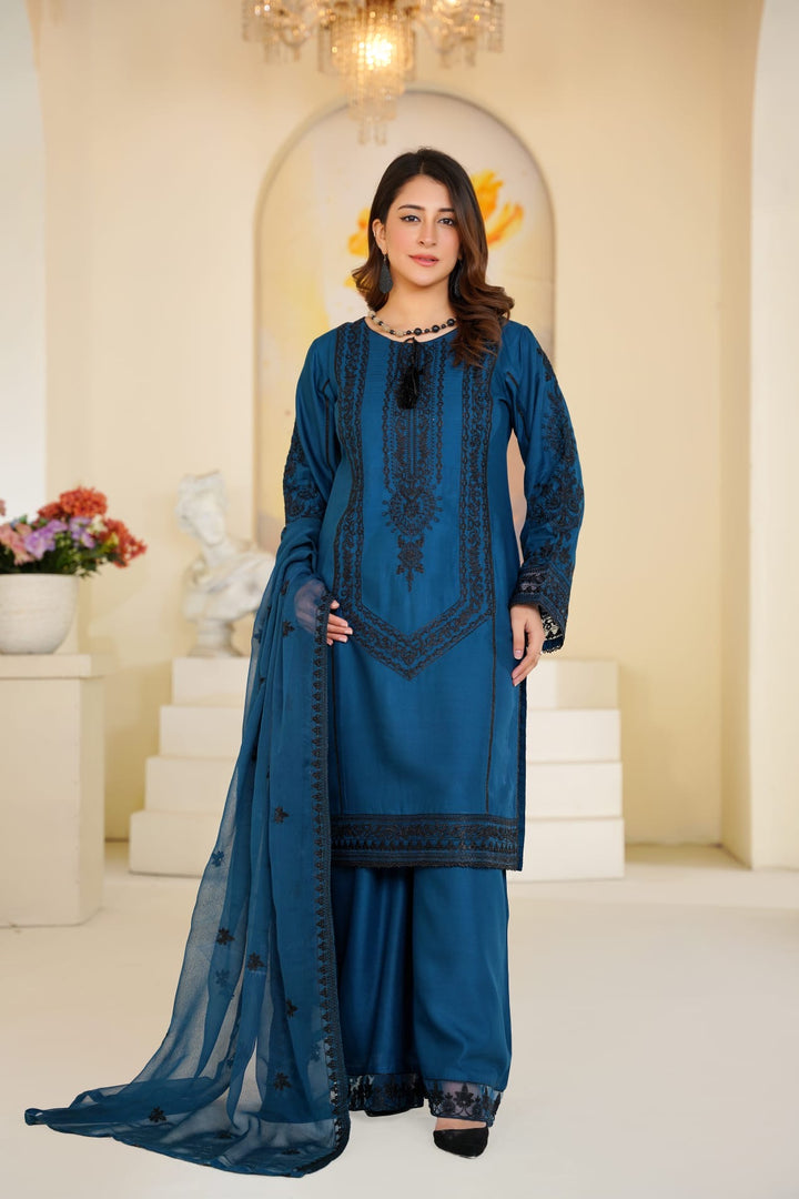 1171B - TEAL BLUE LINEN EMBROIDERED 3 PIECE SUIT