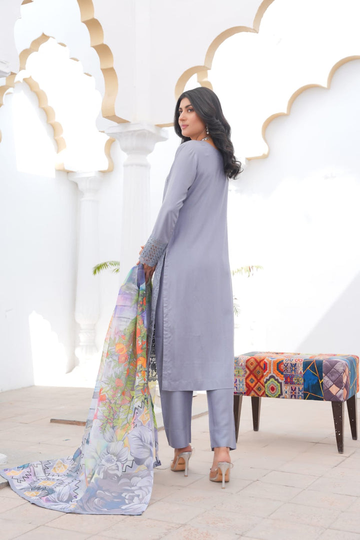 LP07B - GREY EMBROIDERED LINEN 3 PIECE SUIT