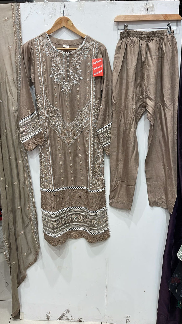 1175B - Dark Beige Embroidered Linen 3 Piece suit