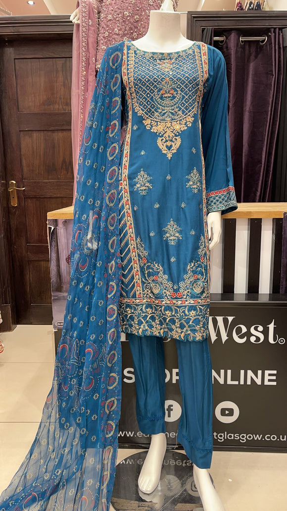TURQUOISE EMBROIDERED LINEN 3 PIECE SUIT 51W