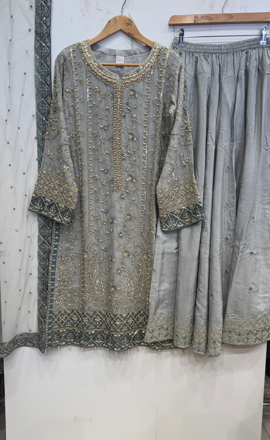 340D- Grey Embroidered Chiffon 3 Piece Suit