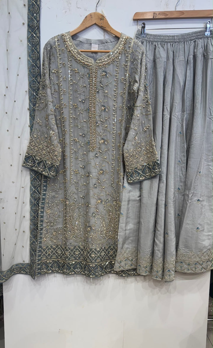 340D- Grey Embroidered Chiffon 3 Piece Suit
