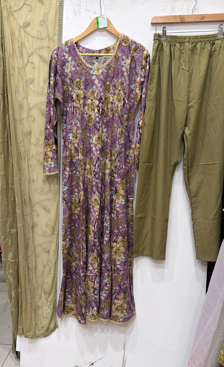 GS01 - Purple Floral Cotton Long Dress 3-Piece Pakistani Suit