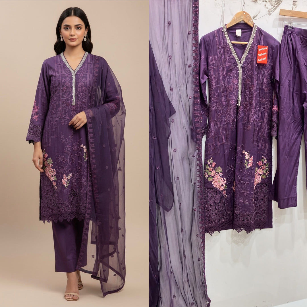 1117A - PURPLE Embroidered Cotton 3 Piece suit