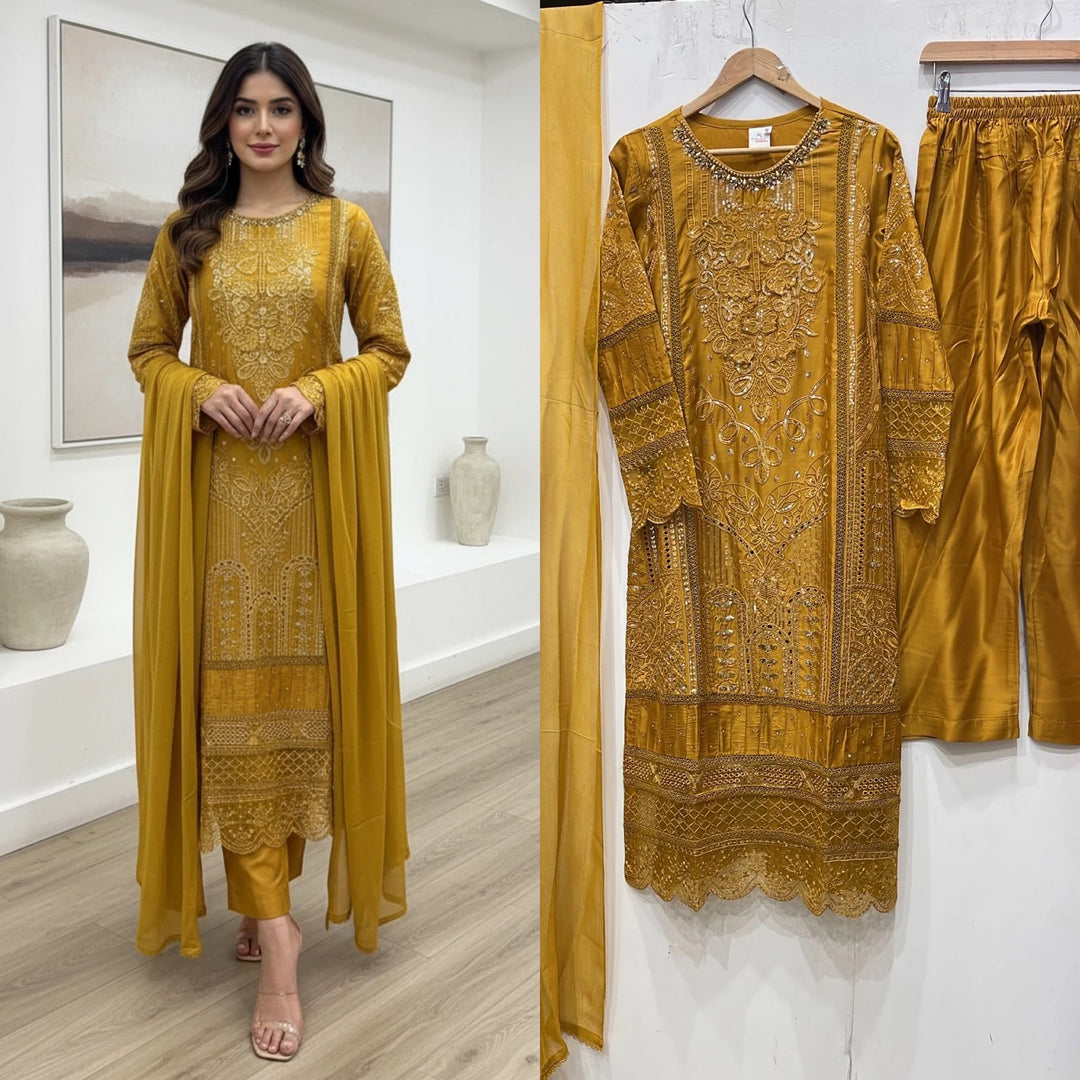1184A - Mustard Embroidered Viscose 3 Piece suit