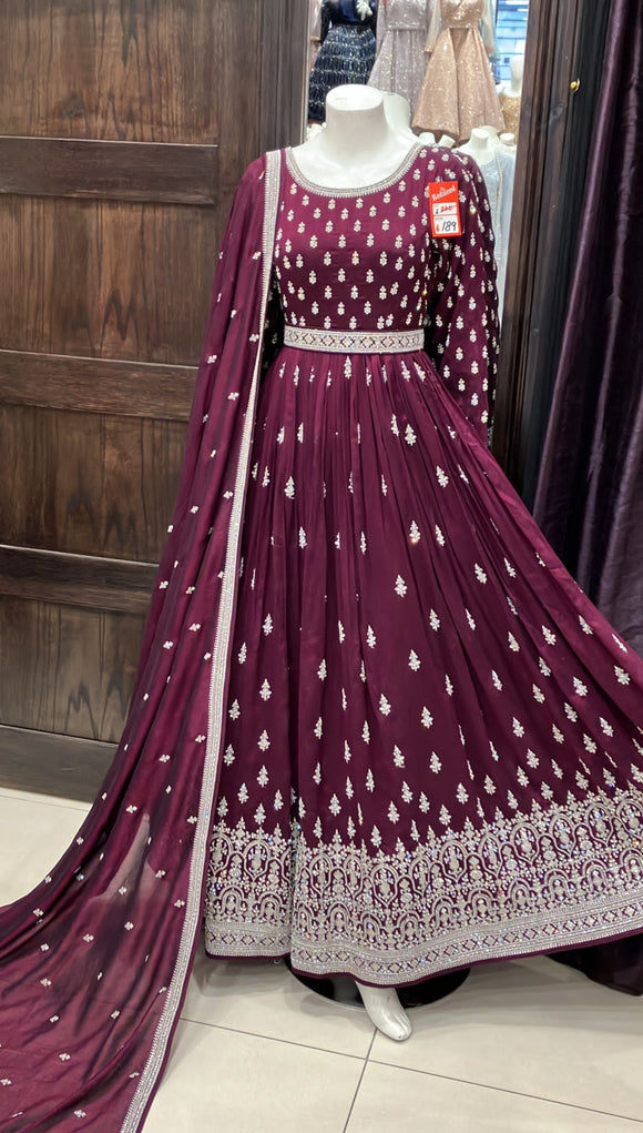 HEAVY EMBROIDERED & EMBELLISHED SILK LONG DRESS 2083A