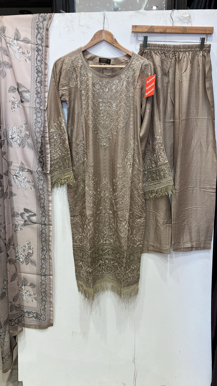 1183D - Beige Embroidered linen 3 piece suit