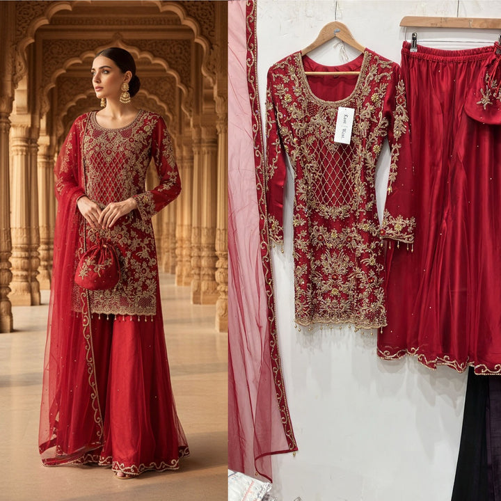 198B - RED EMBROIDERED & EMBELLISHED NET SUIT