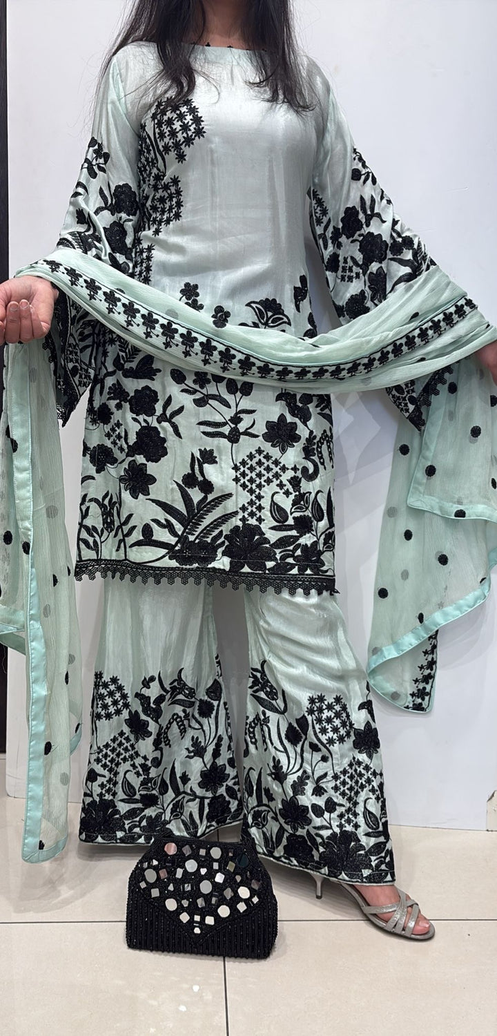 EMBROIDERED VISCOSE SILK 3 PIECE SUIT 373C