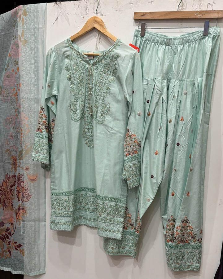 1130C - Mint Green Viscose Shirt with Farshi Shalwar & Chiffon - East meets west clothing 