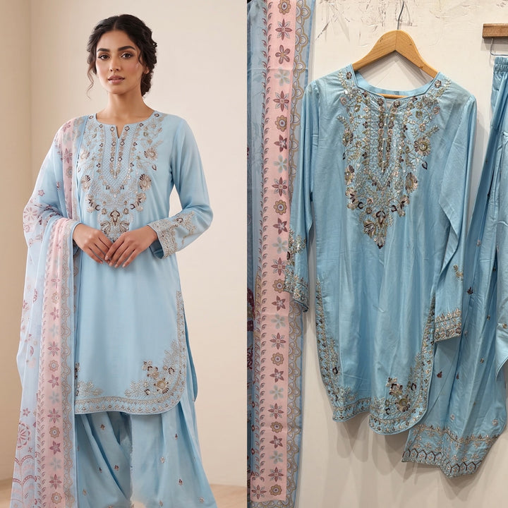 1129E - Light Blue Viscose Shirt with Farshi Shalwar & Chiffon - East meets west clothing 