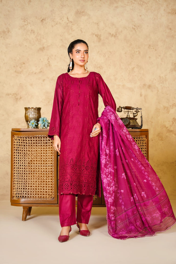 1167F- RED LINEN CHIKANKARI 3 PIECE SUIT
