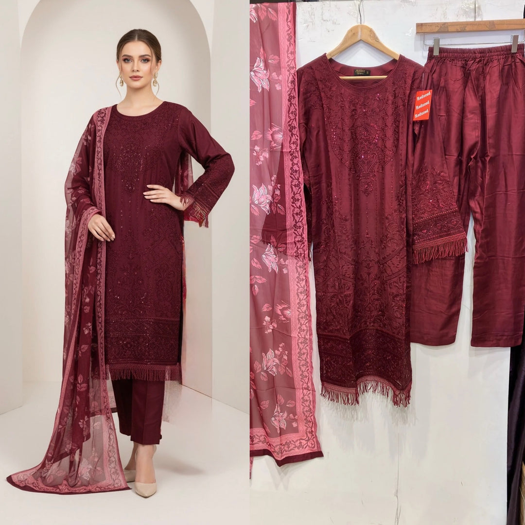 1183A - Red Embroidered linen 3 piece suit