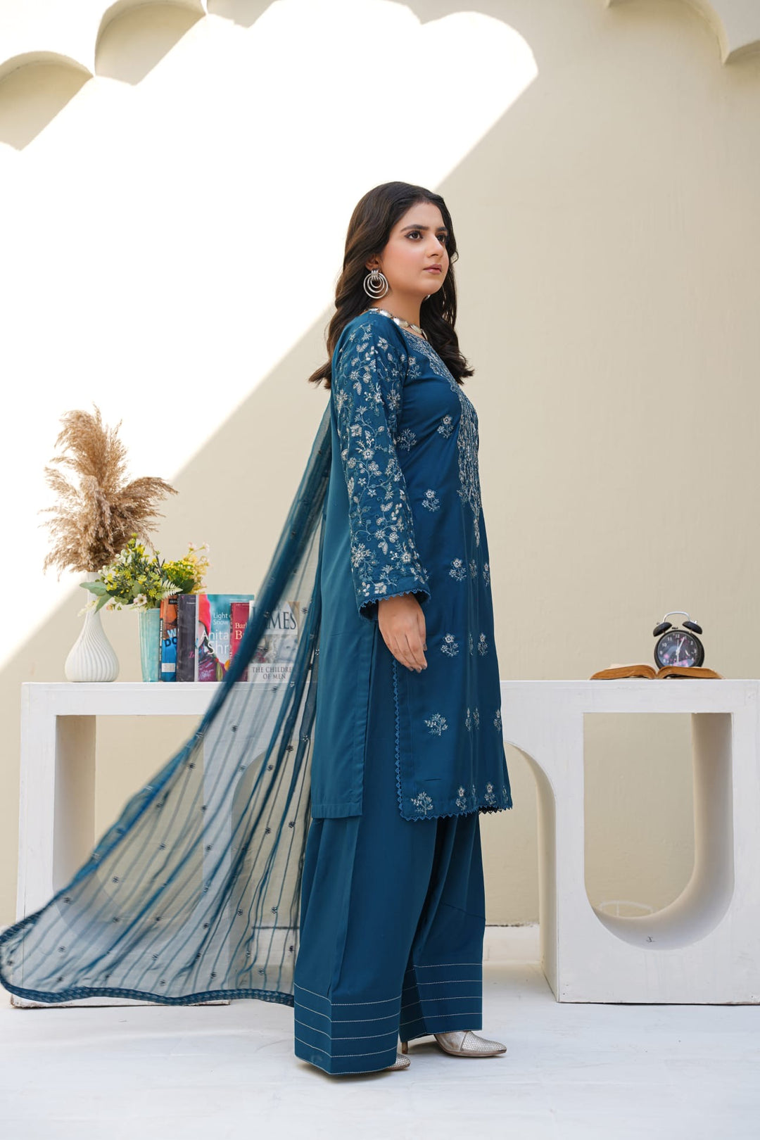 1164B- TEAL BLUE LINEN EMBROIDERED 3 PIECE SUIT FARSHI SHALWAR