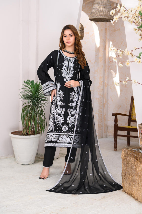 BLACK EMBROIDERED VISCOSE SILK 3 PIECE SUIT 374A