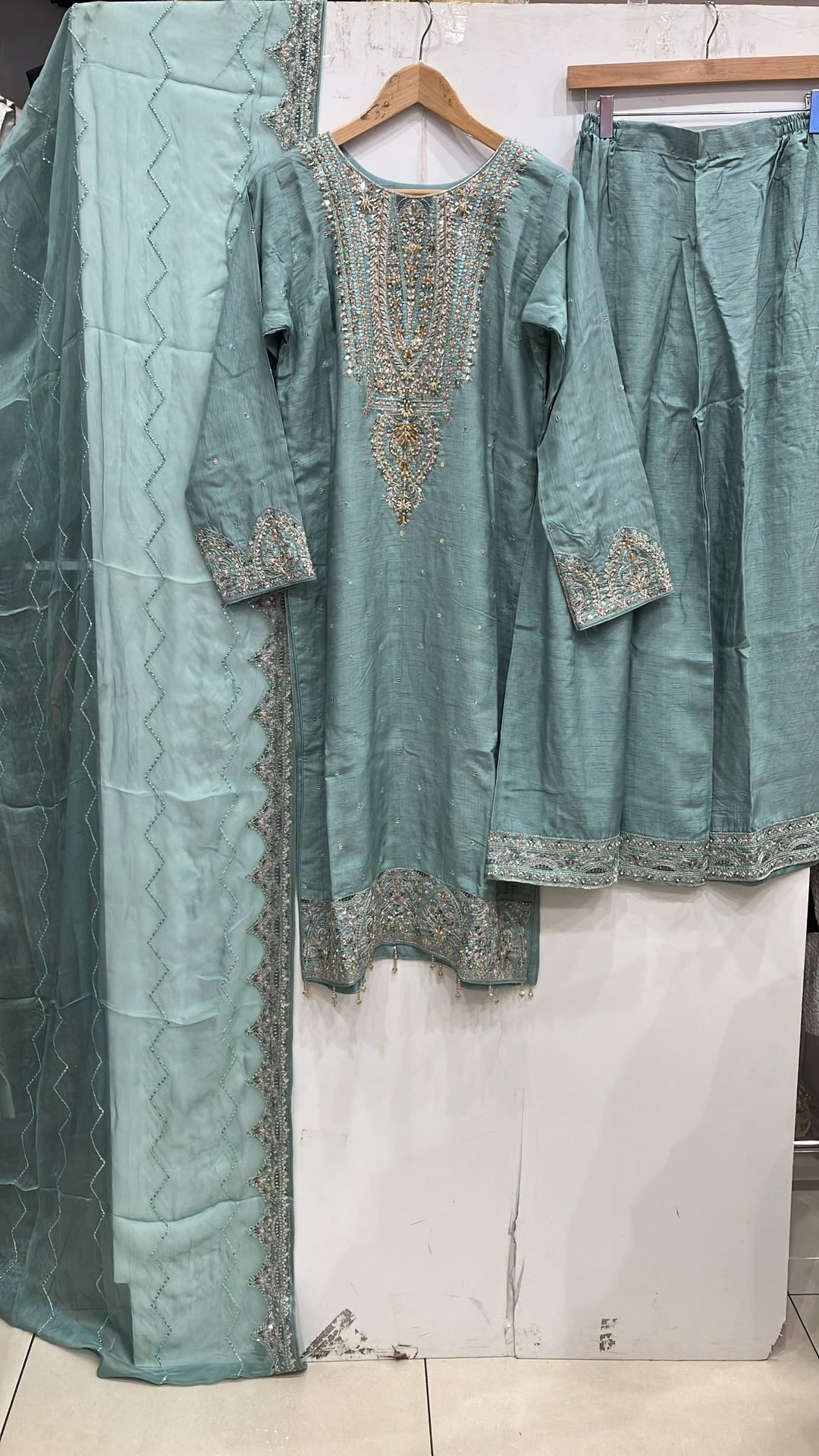 364A- Green Embroidered Silk 3 Piece Suit