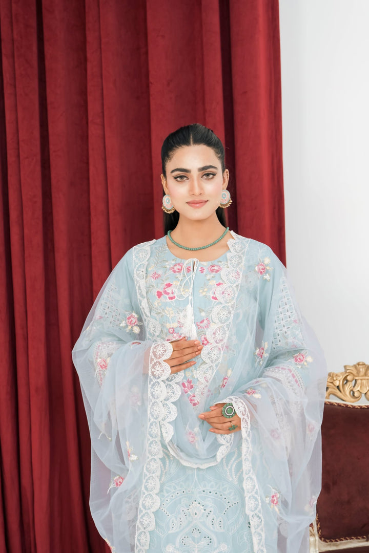 1163C - Light Blue Embroidered Linen 3 Piece suit