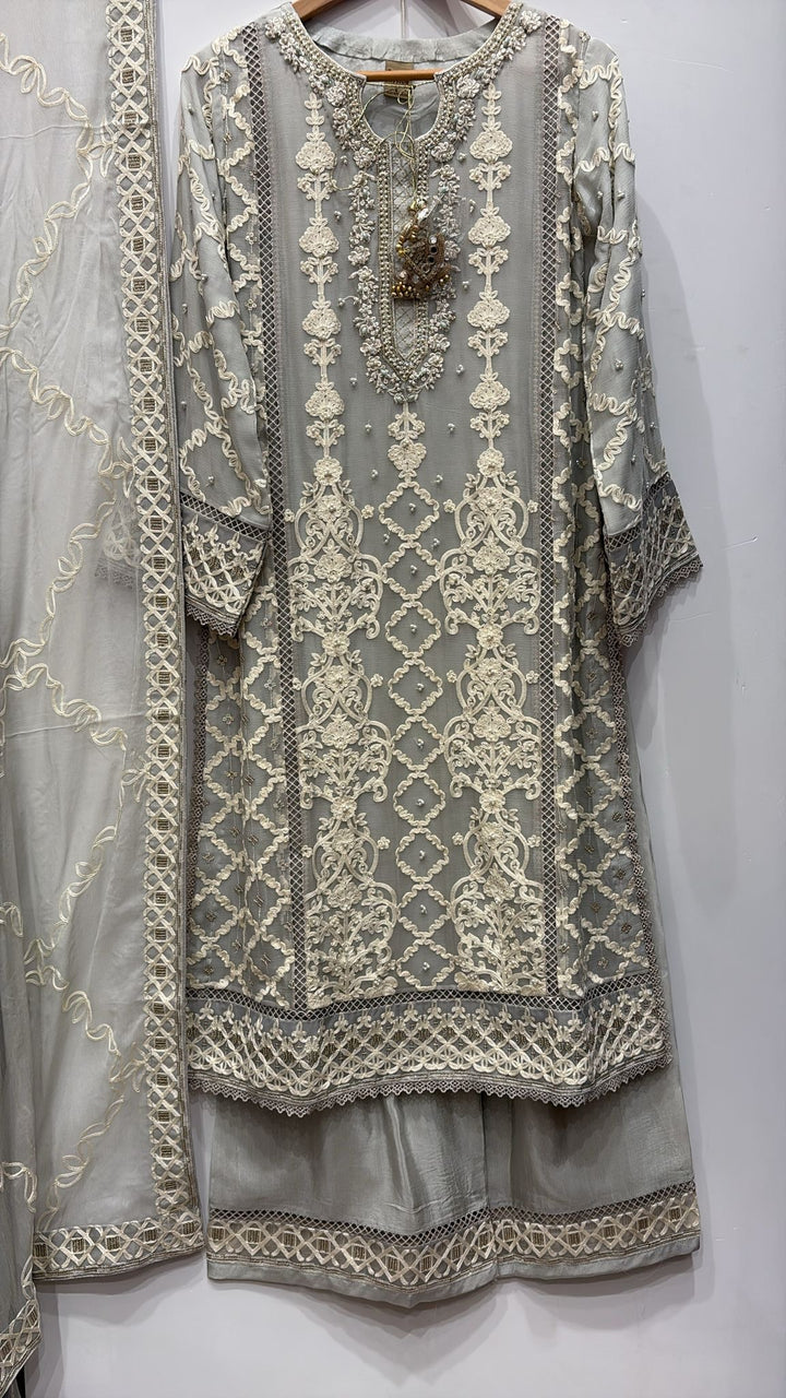 385B- GREY EMBROIDERED CHIFFON 3 PIECE SUIT