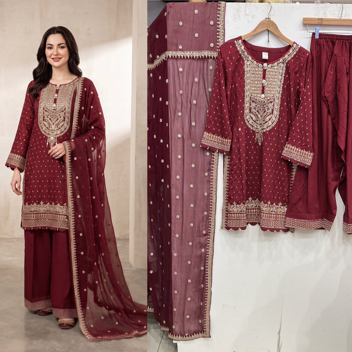 362A- Red Embroidered Silk Farshi Shalwar 3 Piece Suit