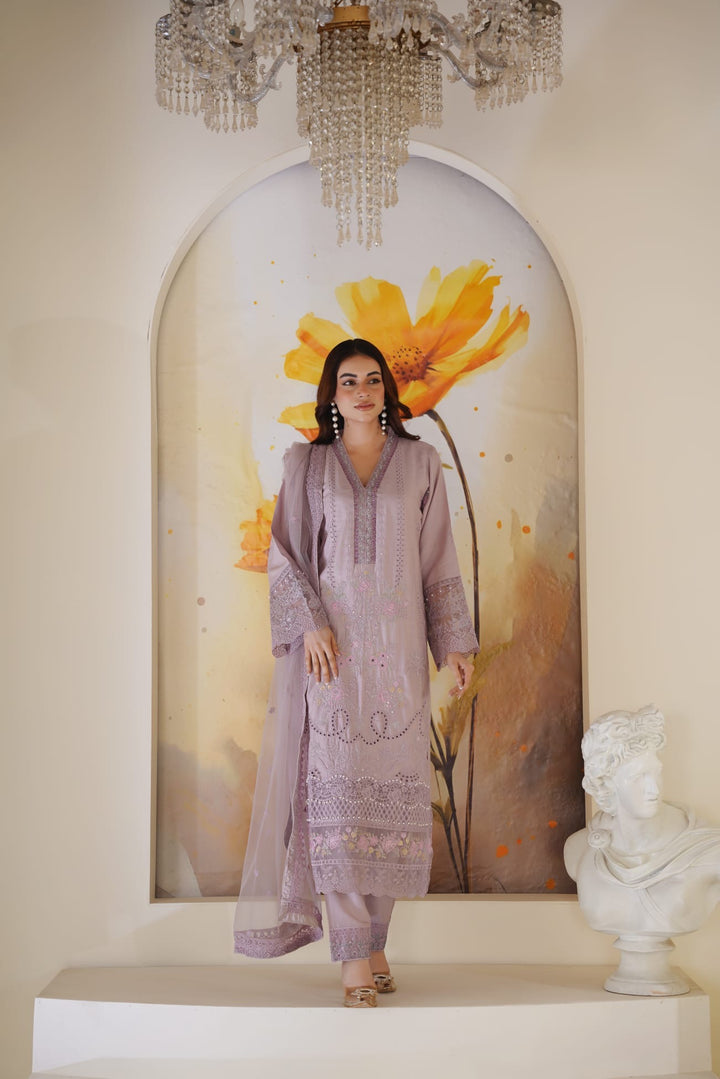 1165B - Mauve Embroidered Linen Chikankari 3 Piece suit