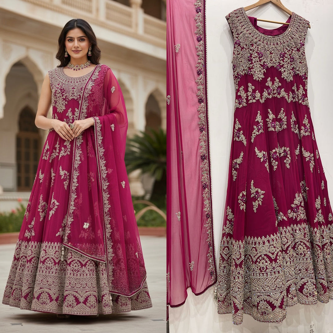 7015G- Purple Embroidered & Embellished net long dress