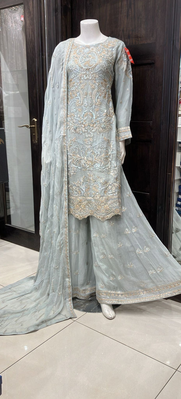 LIGHT BLUE CHIFFON EMBROIDERED 3 PIECE SUIT 249D