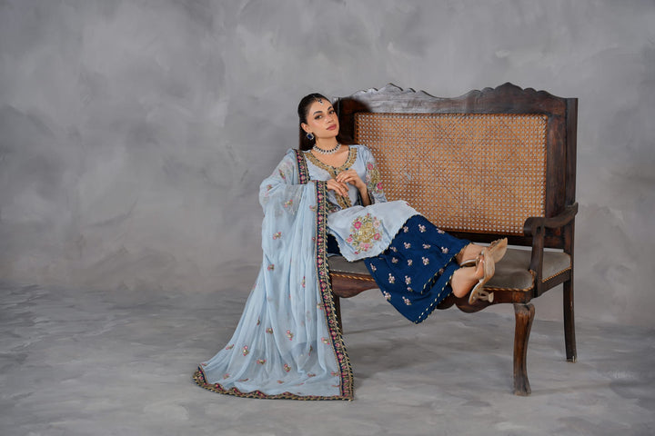 335E- Blue Embroidered Shamoz Silk 3 Piece Suit