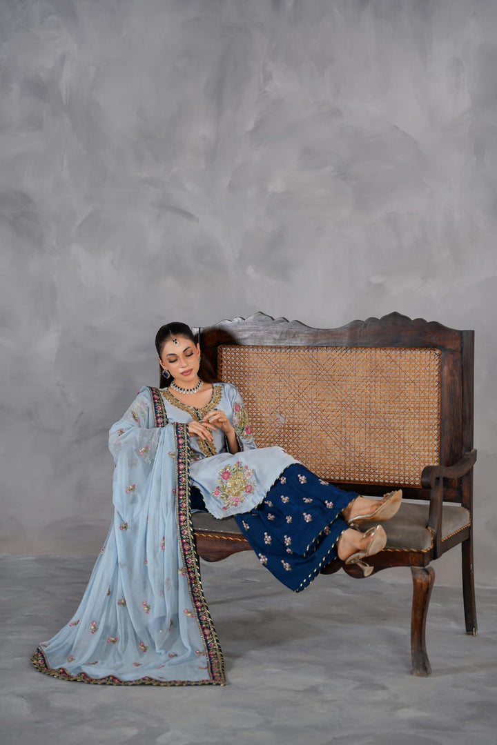 335E- Blue Embroidered Shamoz Silk 3 Piece Suit