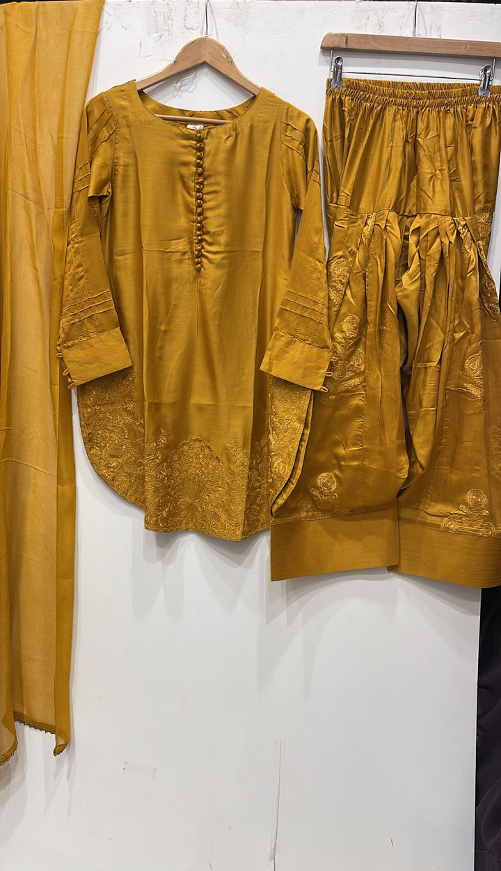 1182A - Mustard Farshi Shalwar Embroidered linen suit