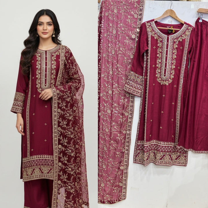 361B- Red Embroidered Silk 3 Piece Suit