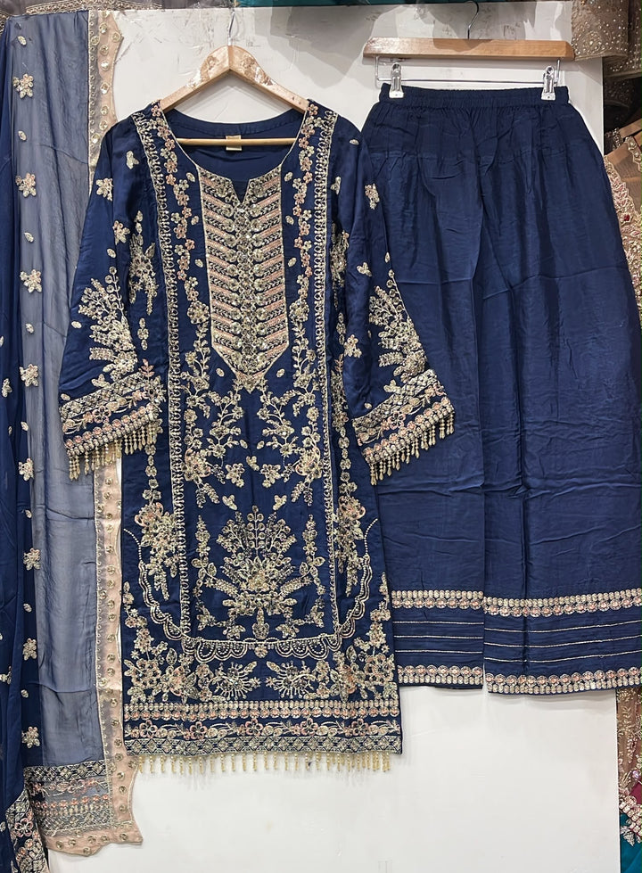 1987B Blue Embroidered Silk Hand Work 3-Piece Suit