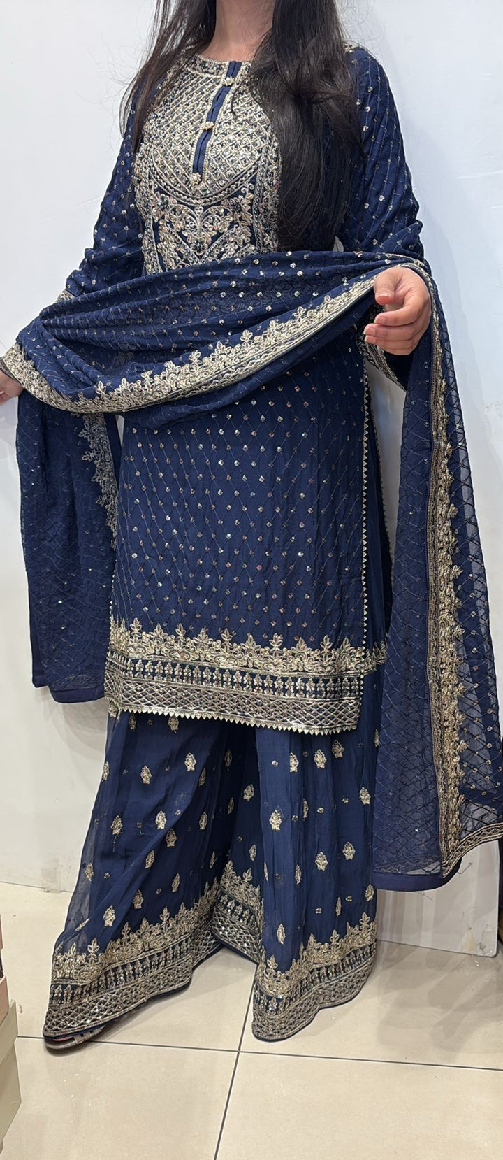 381G - BLUE CHIFFON EMBROIDERED SHARARA SUIT