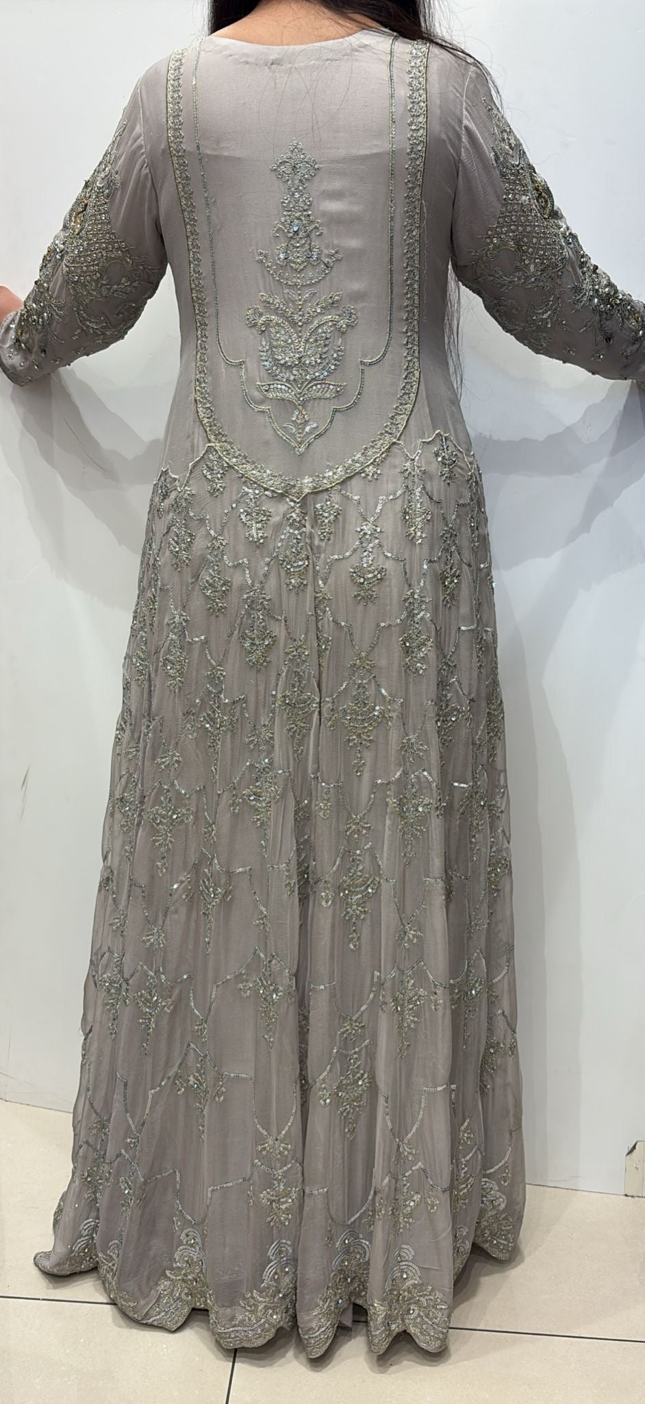 GREY EMBROIDERED CHIFFON 3 PIECE SUIT 424C