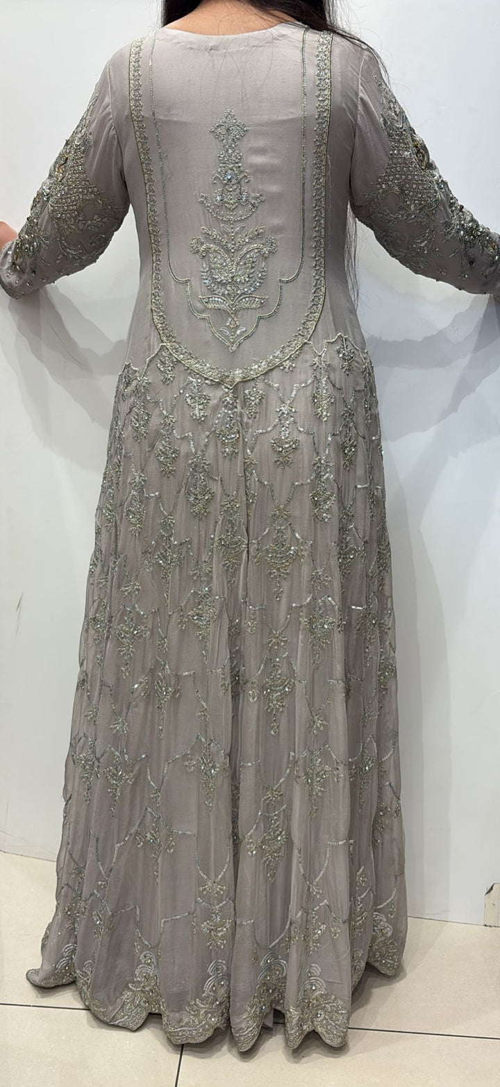 GREY EMBROIDERED CHIFFON 3 PIECE SUIT 424C