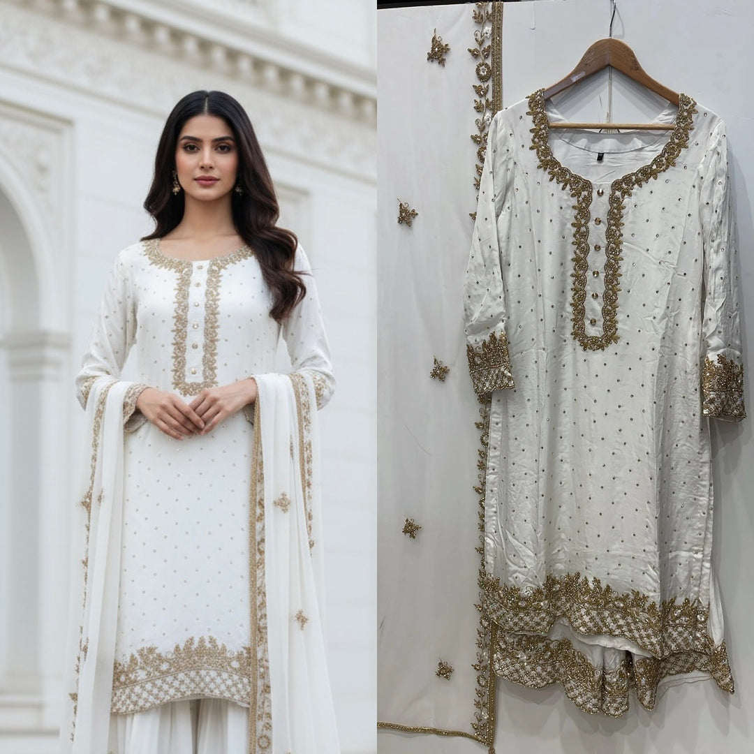 0142E- OFF-WHITE GEORGETTE FARSHI PALAZZO SUIT