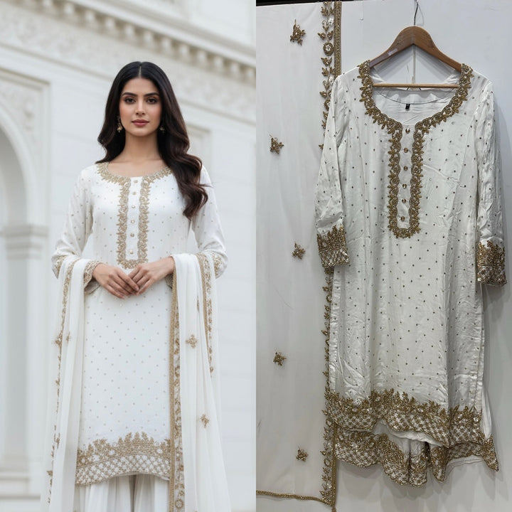 0142E- OFF-WHITE GEORGETTE FARSHI PALAZZO SUIT