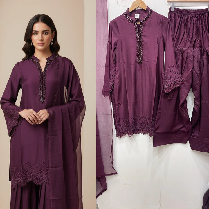 NF09 - Purple Farshi Shalwar Embroidered linen suit