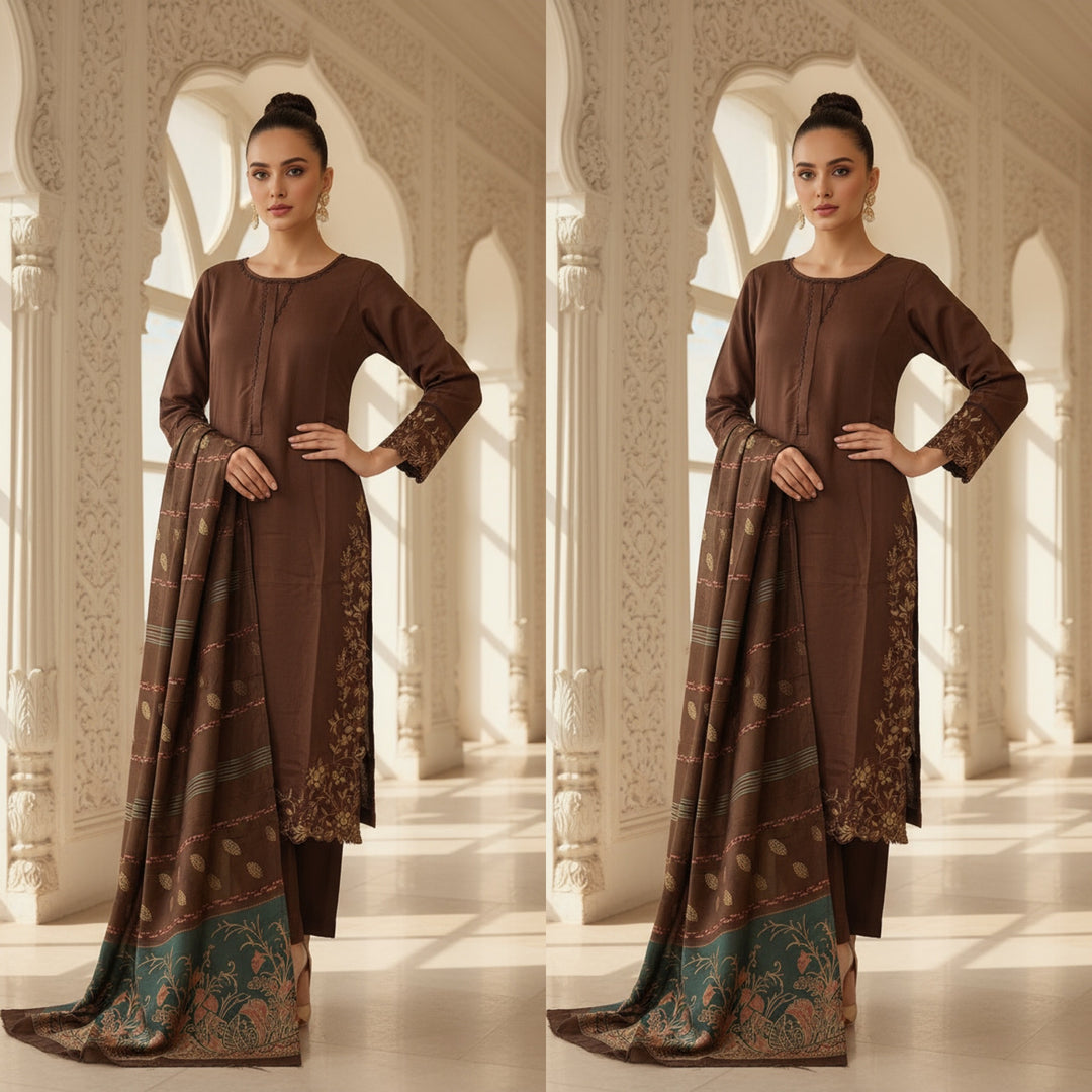 DL06- BROWN DHANAK LINEN EMBROIDERED SUIT