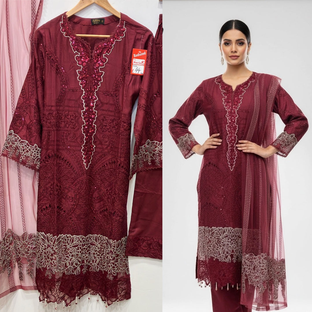 1173N - Red Embroidered Linen 3 Piece suit