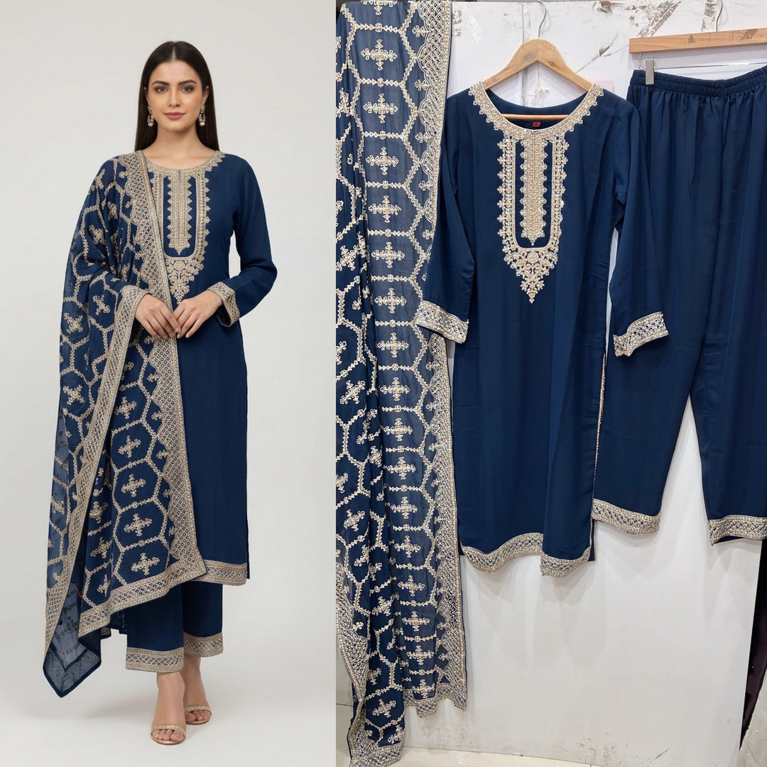 316A- BLUE EMBROIDERED CHIFFON 3 PIECE SUIT