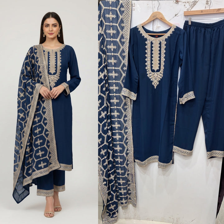 316A- BLUE EMBROIDERED CHIFFON 3 PIECE SUIT