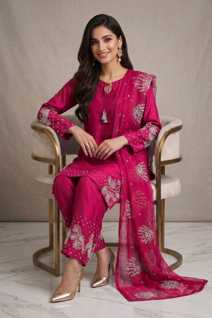 1179B - Pink Embroidered Viscose 3 Piece suit