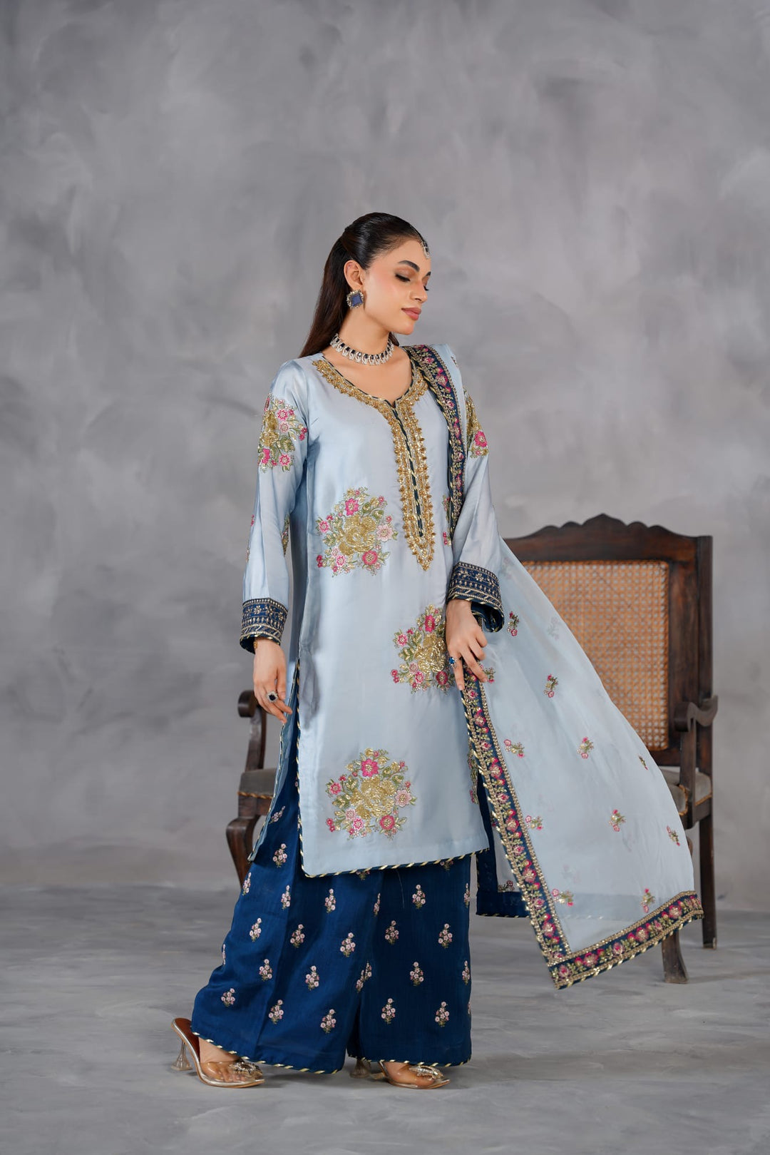 335E- Blue Embroidered Shamoz Silk 3 Piece Suit