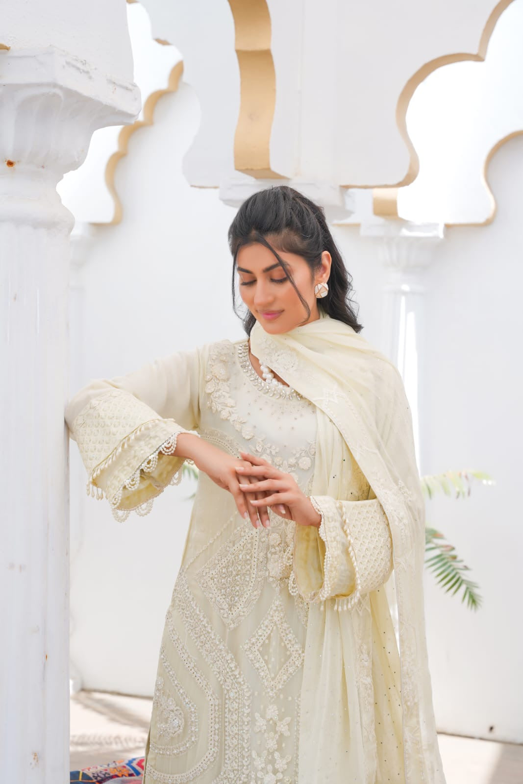 356A - Maria b inspired off-white Embroidered chiffon suit