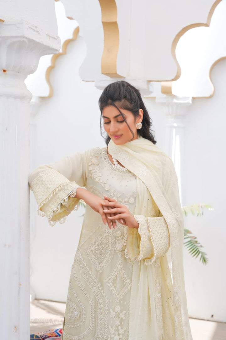 356A - Maria b inspired off-white Embroidered chiffon suit