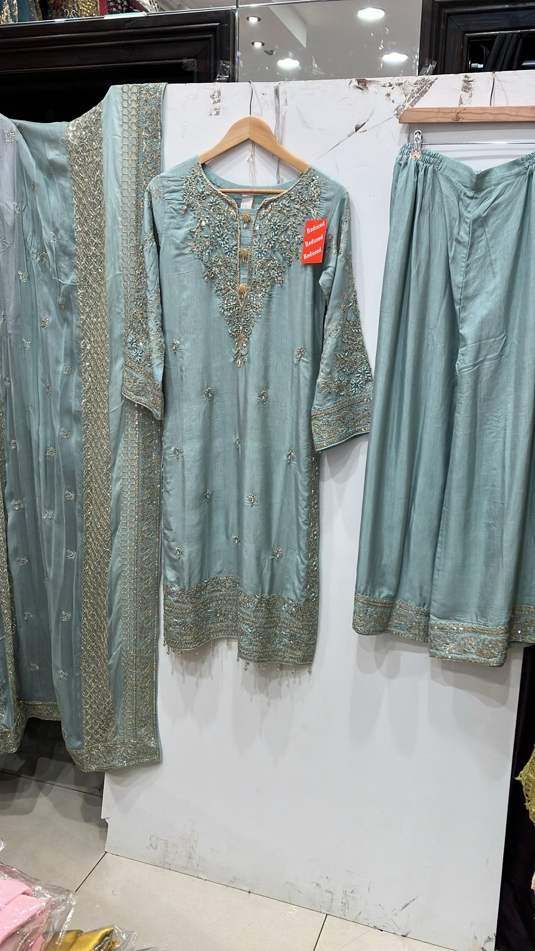 319A - Aqua Green Embroidered Silk 3 Piece Pakistani Suit
