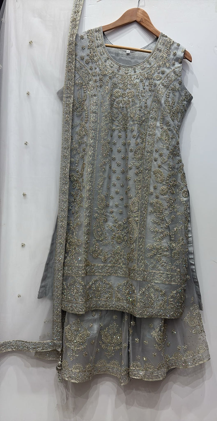 7001B- GREY EMBROIDERED & EMBELLISHED SHARARA SUIT